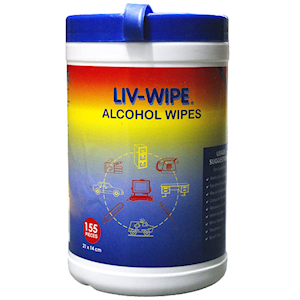 Liv-Wipe Antibacterial Alcohol Wipes, 70pct Isopropyl Alcohol Sanitiser, 21 x 14cm, 155/Recyclable Tub TUB