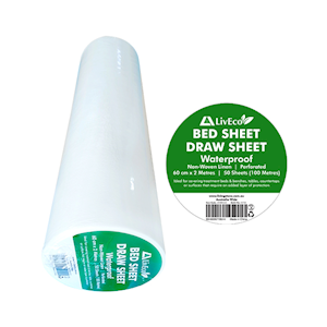 Liv Eco Draw Sheet or Bed Sheet, 60cm x 100m Nonwoven Linen Feel Waterproof Perforated at 200cm, 50 Sheets/Roll 300 Sheets or 6 Rolls/Ctn Carton