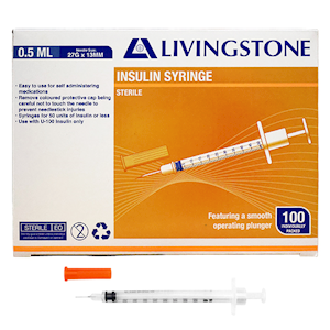 Livingstone Insulin Syringes, 0.3ml, with White Plunger, with Needle 31 Gauge x 0.32 Inch, 8mm, Sterile, 100 Pieces/Box Box
