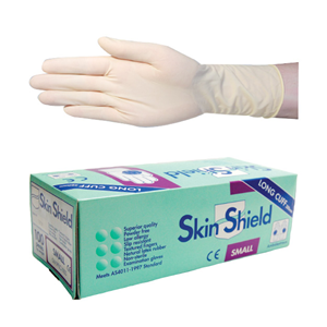 Out of Date, Original Unopened Condition, Price Discounted, S/Shield Bio-grade Latex Exam GLV, AS/NZ, PF, LCuff, 30cm, Small, Cream,100/BX Box