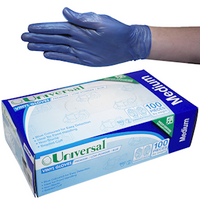 Out of Date, Universal Vinyl Gloves, Low Powder, HACCP, Recyclable, 5.0g, Medium, Blue, 100/Box, Price Discounted, While Stocks last
