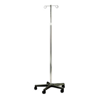 Intravenous IV Pole, 2 Prong Stainless Steel Head, with 4 Castors Resin Mobile Base Each
