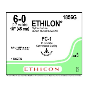 6-0 Ethilon nylon suture black monofilament P-3 13mm 3/8c reverse cutting multipass needle, 12/Box Box