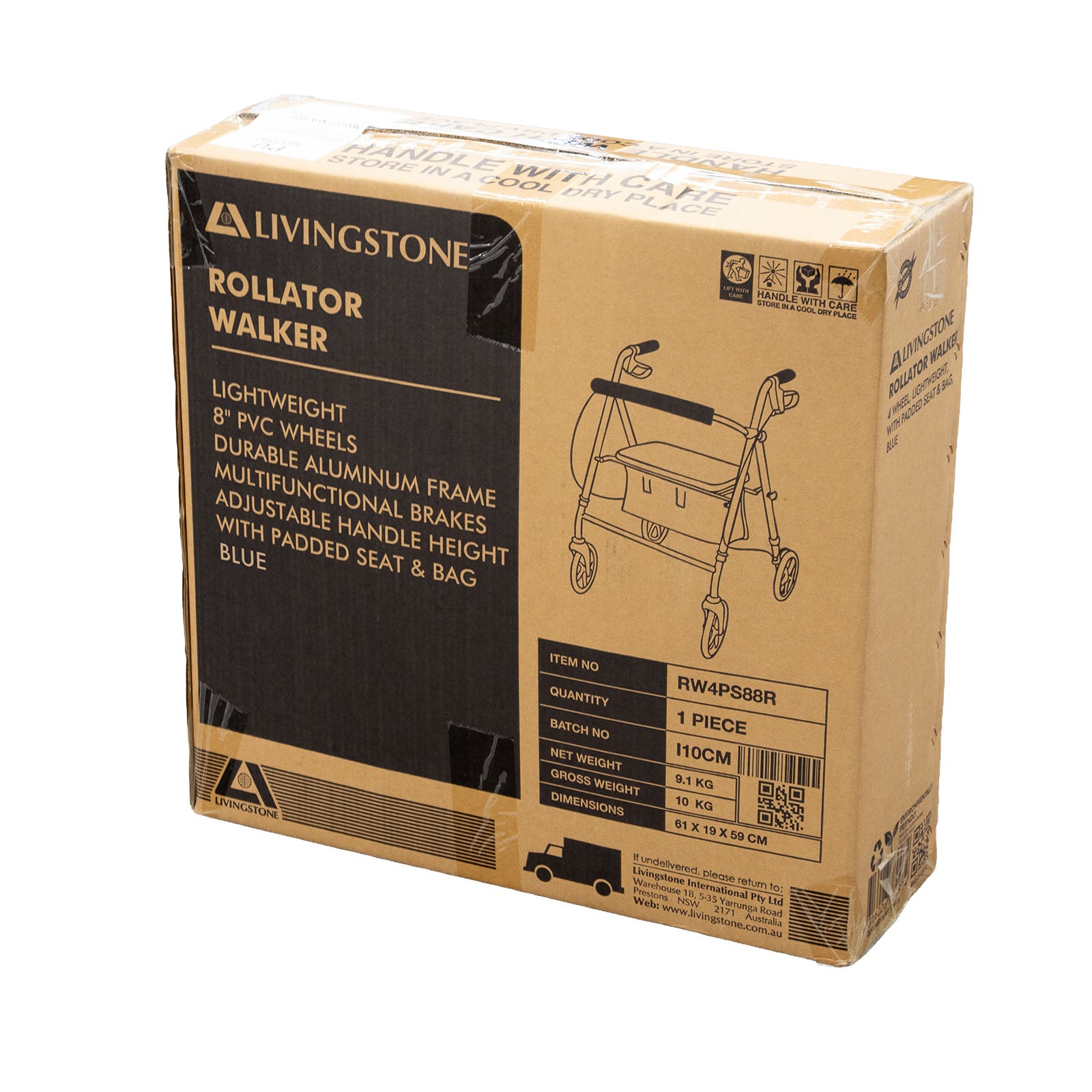 Livingstone Rollator Walker, 4 Wheel, with Padded Seat and Bag, Blue, Each