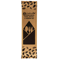 Liv Eco Biodegradable Wooden Knife, Fork, Spoon & Napkin Set, 160mm, FSC Certified, Disposable, 400 Sets/Carton Carton