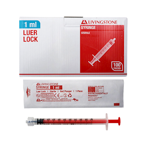 Livingstone Syringe, 1ml, Luer Lock Tip, White Plunger, Polypropylene, Latex Free, Hypoallergenic, Sterile, 100 Pieces/Box