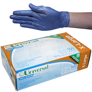 Out of Date, Universal Vinyl Gloves, Low Powder, HACCP, Recyclable, 5.0g, Medium, Blue, 100/Box, Price Discounted, While Stocks last