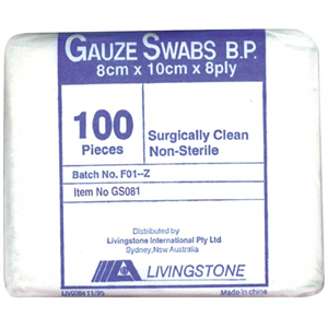 Livingstone Gauze Swabs, 8 x 10 cm x 8 Ply, White, 100 Percent Cotton, Surgically Clean, Non-Sterile, Loose Each