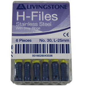 Livingstone H-Files, 25mm, No. 08, Stainless Steel, Colour-Coded, 6/Pack