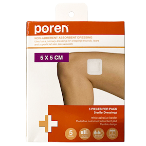 Nema (labelled as Poren) Adhesive Island Dressing, 5 x 5cm, Sterile, Non-Adherent Pad, Nonwoven, White, 5 Pieces/Pack