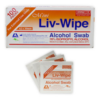 Liv-Wipe Mini Alcohol Swabs, Prep Pad, 70 Percent Isopropyl Alcohol Sanitiser, 62 x 30mm, Gamma Sterilised, 100/Box