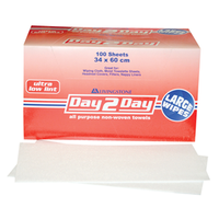 Day 2 Day All Purpose Towel, Ultra Low Lint, Large, 34 x 60cm, 70pct Viscose, White, 100/Box Box